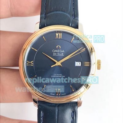 TW Factory - Replica Omega De Ville Blue Dial Gold Bezel Blue Leather Strap Watch